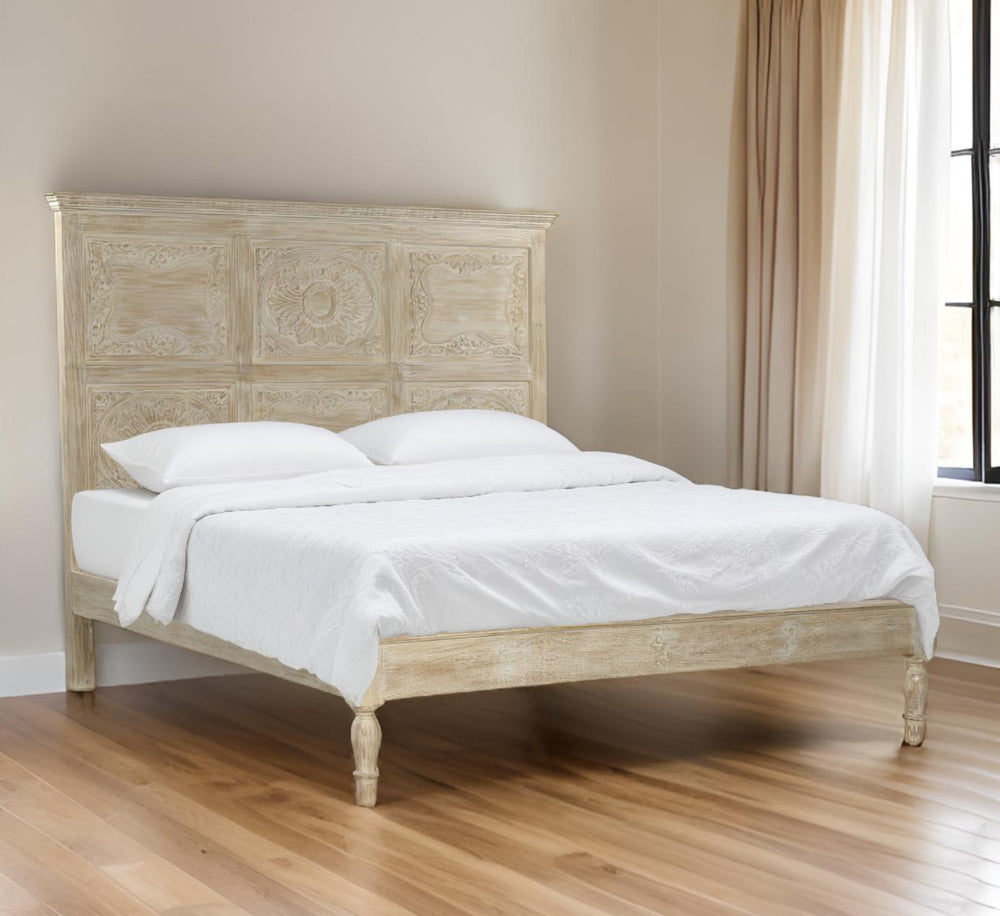 Homeroots Beige Carved Floral Distressed Solid Wood King Bed Frame  Solid Wood 554346