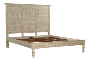 Homeroots Beige Carved Floral Distressed Solid Wood King Bed Frame  Solid Wood 554346