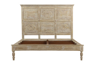 Homeroots Beige Carved Floral Distressed Solid Wood King Bed Frame  Solid Wood 554346