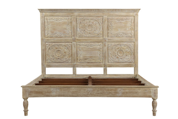 Homeroots Beige Carved Floral Distressed Solid Wood King Bed Frame  Solid Wood 554346