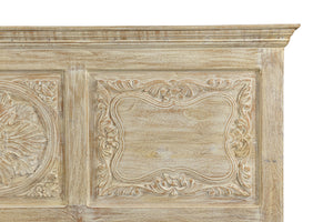 Homeroots Beige Carved Floral Distressed Solid Wood King Bed Frame  Solid Wood 554346