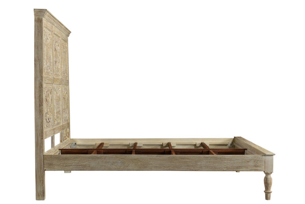 Homeroots Beige Carved Floral Distressed Solid Wood King Bed Frame  Solid Wood 554346