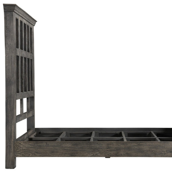 Homeroots Brown Carved Geometric Distressed Solid Wood Queen Bed Frame  Solid Wood 554347