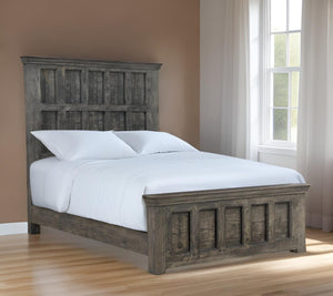 Homeroots Brown Carved Geometric Distressed Solid Wood Queen Bed Frame  Solid Wood 554347