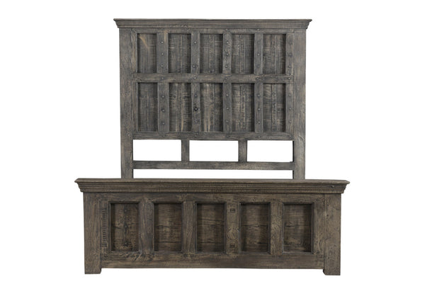 Homeroots Brown Carved Geometric Distressed Solid Wood Queen Bed Frame  Solid Wood 554347