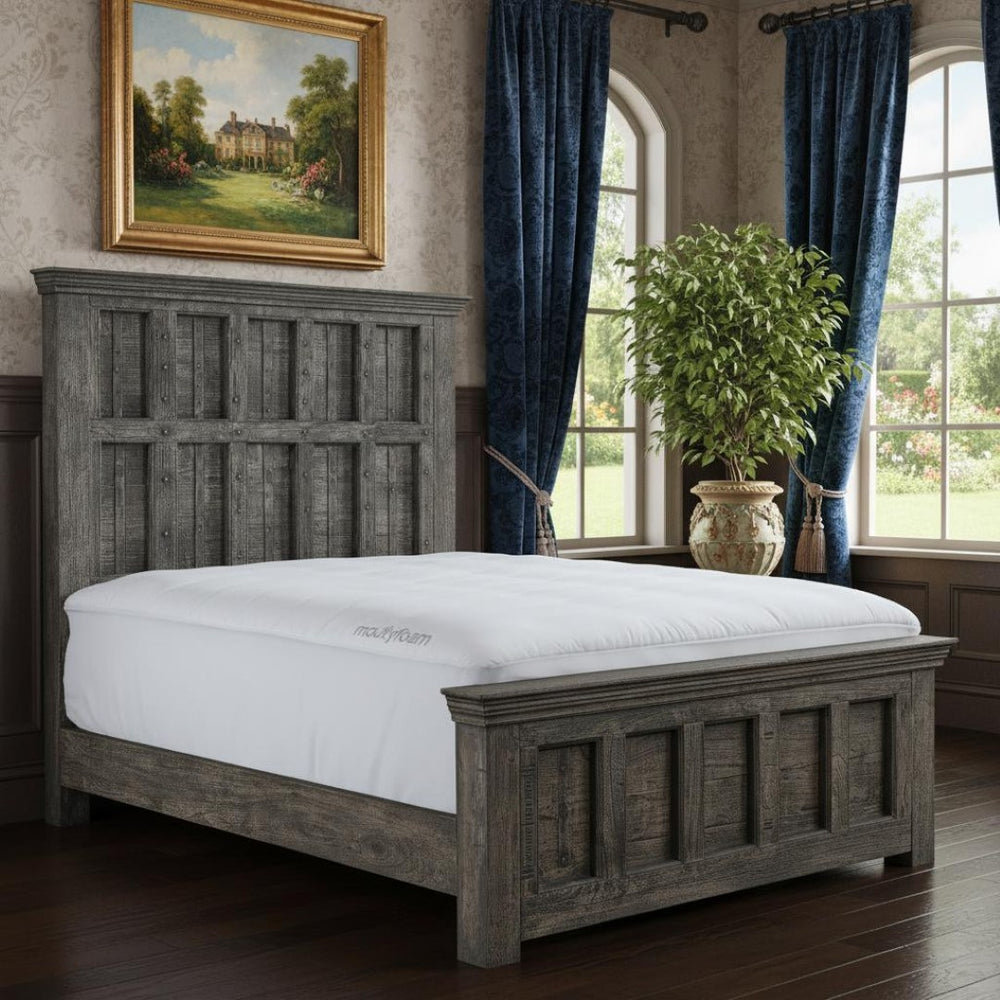 HomeRoots Brown Handcrafted Geometric Solid Wood Queen Bed Frame – Rustic Charm & Lasting Durability for Your Home 554347