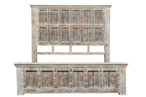 Homeroots Natural Carved Geometric Distressed Solid Wood King Bed Frame  Solid Wood 554348