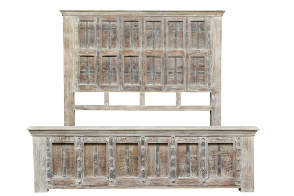 Homeroots Natural Carved Geometric Distressed Solid Wood King Bed Frame  Solid Wood 554348