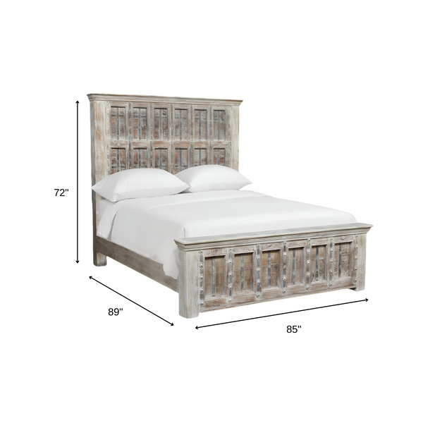 Homeroots Natural Carved Geometric Distressed Solid Wood King Bed Frame  Solid Wood 554348