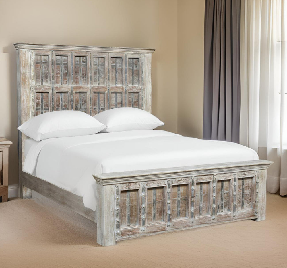 Homeroots Natural Carved Geometric Distressed Solid Wood King Bed Frame  Solid Wood 554348