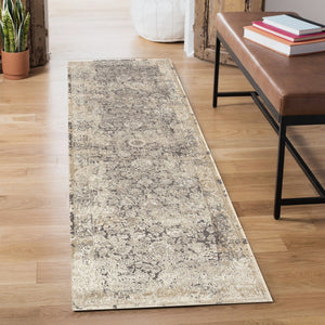 HomeRoots 7' Gray Floral Runner Rug - Elegant Design for Hallways and Kitchens, Soft, Durable, Noise-Reducing 2' x 7' 554354
