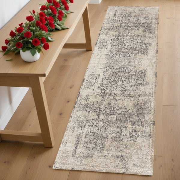 HomeRoots 7' Gray Floral Runner Rug - Elegant Design for Hallways and Kitchens, Soft, Durable, Noise-Reducing 2' x 7' 554354