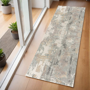 Homeroots 7' Runner Gray And Beige Abstract Runner Rug Beige Viscose 554366