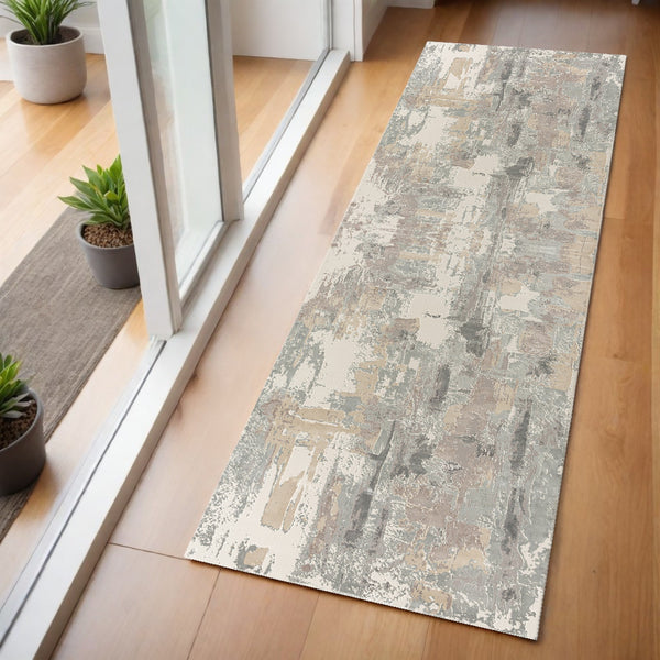 Homeroots 7' Runner Gray And Beige Abstract Runner Rug Beige Viscose 554366