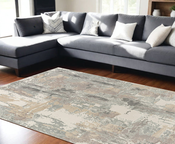 Homeroots 8' X 10' Gray And Beige Abstract Area Rug Beige Viscose 554369