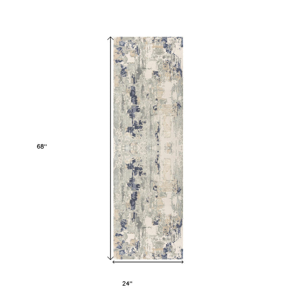 Homeroots 7' Runner Blue And Beige Abstract Runner Rug Blue Viscose 554372