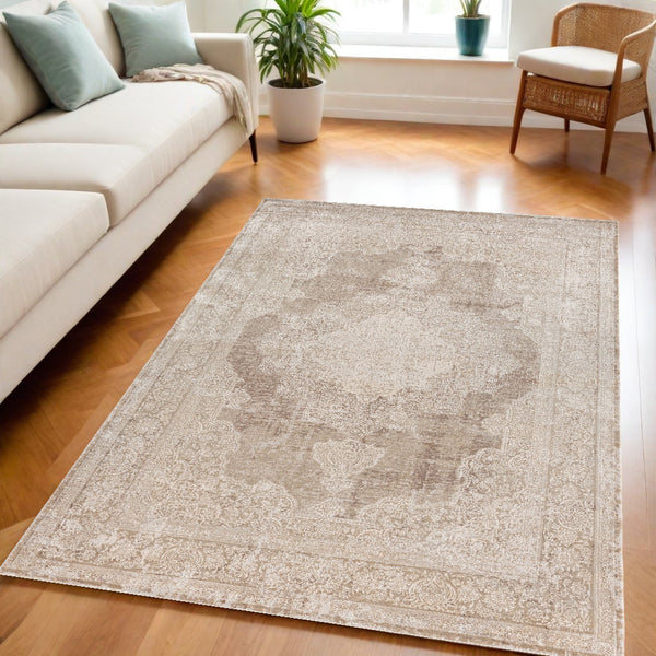 Homeroots 2' Beige And Gray Medallion Area Rug - Elevate Your Space With Sophisticated Style And Design 5' X 8' Viscose 554406