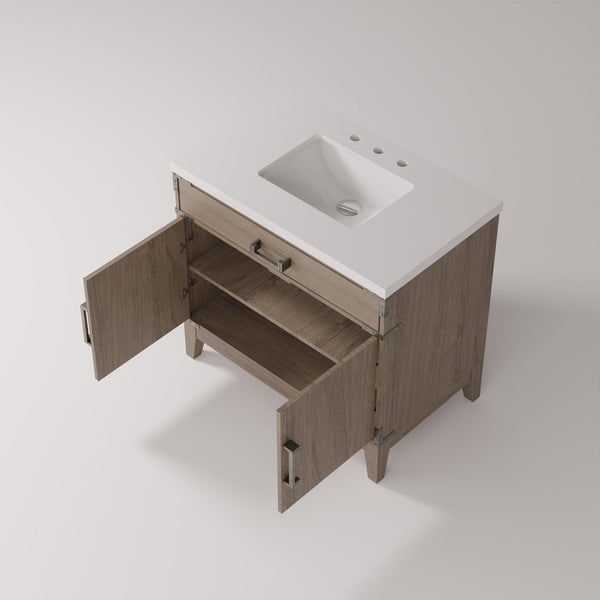 English Elm Grey Oak Single Bath Vanity With Cultured Marble Top – Stylish Storage, Soft-Close Hinges, 36" W B2731P259789