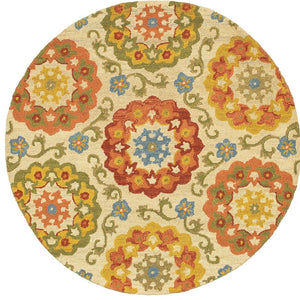 Homeroots 6' Orange And Ivory Round Wool Floral Hand Tufted Area Rug  Wool 554447