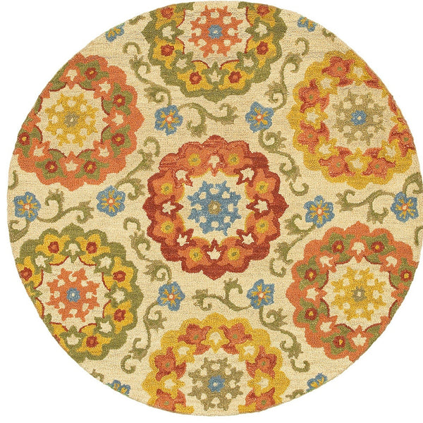 Homeroots 6' Orange And Ivory Round Wool Floral Hand Tufted Area Rug  Wool 554447