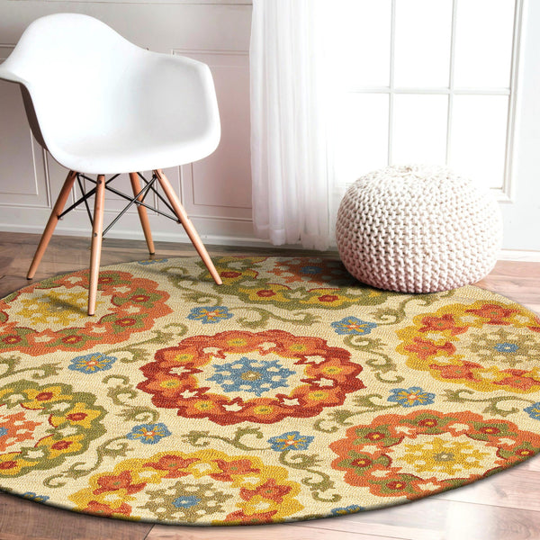 Homeroots 6' Orange And Ivory Round Wool Floral Hand Tufted Area Rug  Wool 554447