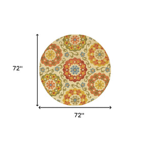 Homeroots 6' Orange And Ivory Round Wool Floral Hand Tufted Area Rug  Wool 554447