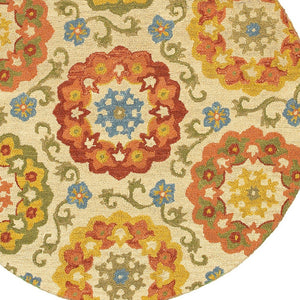 Homeroots 6' Orange And Ivory Round Wool Floral Hand Tufted Area Rug  Wool 554447