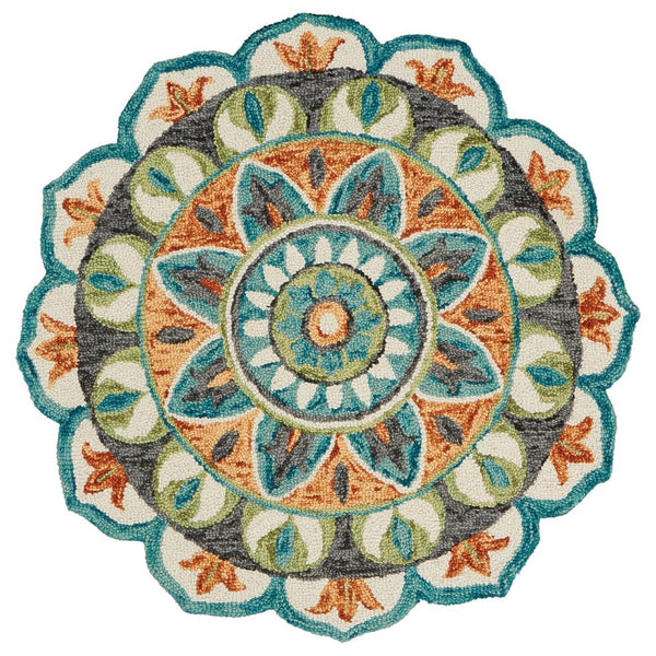 HomeRoots 5' Blue and Ivory Floral Hand-Tufted Wool Area Rug - Timeless Charm for Stylish Living Spaces 5' Round 554448