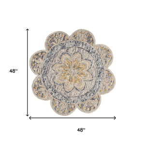 HomeRoots 4' Beige Round Wool Floral Area Rug - Hand-Tufted, Durable, Soft Texture for Timeless Elegance 4' Round 554449