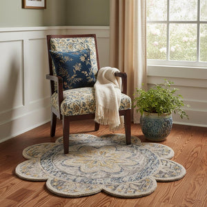 HomeRoots 4' Beige Round Wool Floral Area Rug - Hand-Tufted, Durable, Soft Texture for Timeless Elegance 4' Round 554449