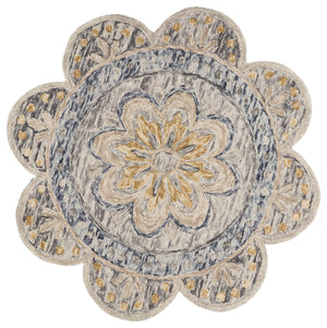 Homeroots 4' Beige Round Wool Floral Hand Tufted Area Rug Gray Wool 554449