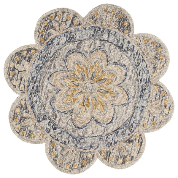 Homeroots 4' Beige Round Wool Floral Hand Tufted Area Rug Gray Wool 554449
