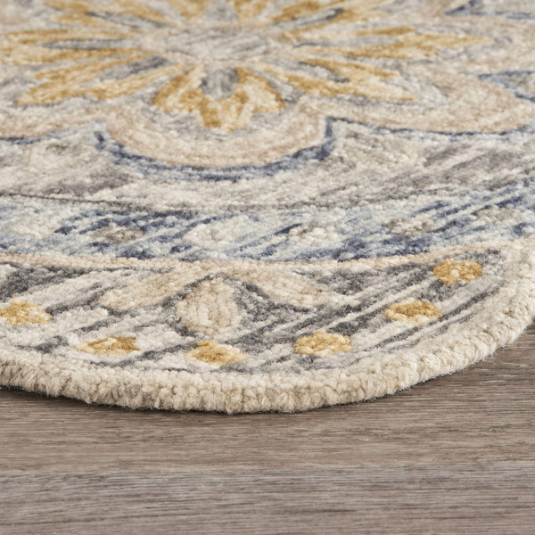 Homeroots 4' Beige Round Wool Floral Hand Tufted Area Rug Gray Wool 554449