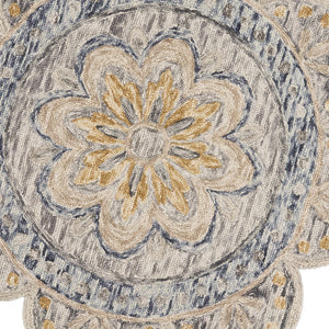 Homeroots 6' Beige Round Wool Floral Hand Tufted Area Rug Gray Wool 554450