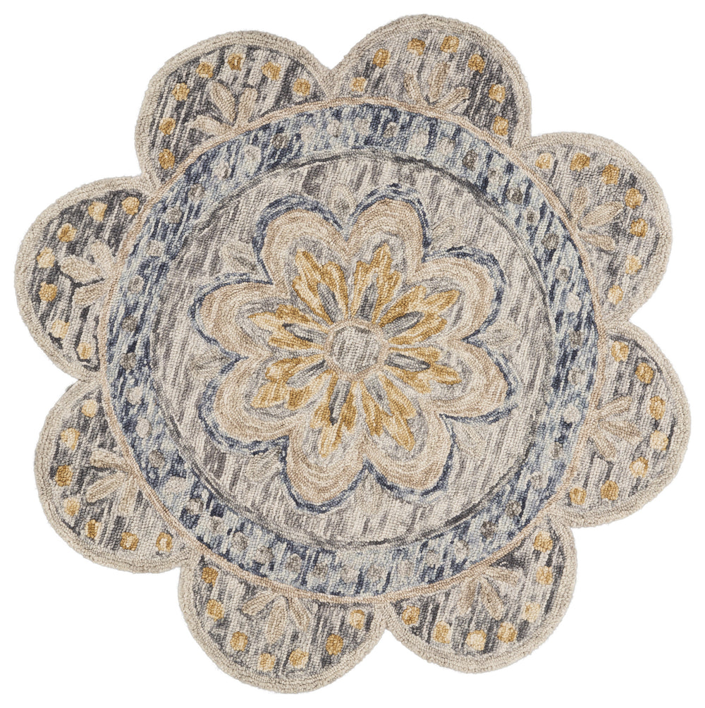 Homeroots 6' Beige Round Wool Floral Hand Tufted Area Rug Gray Wool 554450