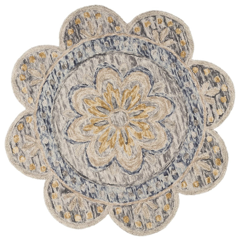 HomeRoots 4' Beige Round Wool Floral Area Rug - Hand-Tufted, Durable, Soft Texture for Timeless Elegance 6' Round 554450