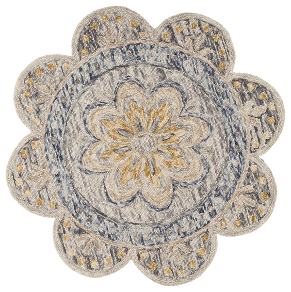 Homeroots 6' Beige Round Wool Floral Hand Tufted Area Rug Gray Wool 554450
