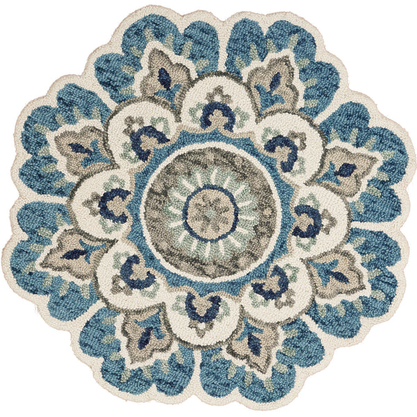 Homeroots 5' Blue And Ivory Round Wool Floral Hand Tufted Area Rug Ivory Wool 554451