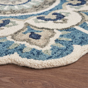 Homeroots 5' Blue And Ivory Round Wool Floral Hand Tufted Area Rug Ivory Wool 554451