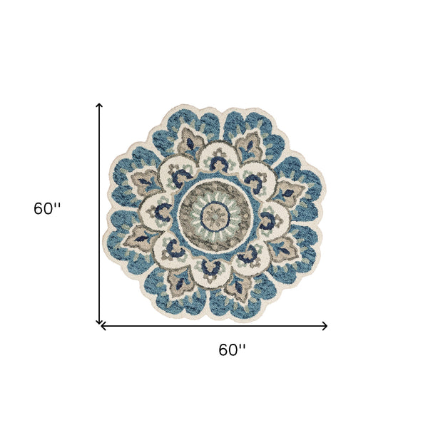 Homeroots 5' Blue And Ivory Round Wool Floral Hand Tufted Area Rug Ivory Wool 554451