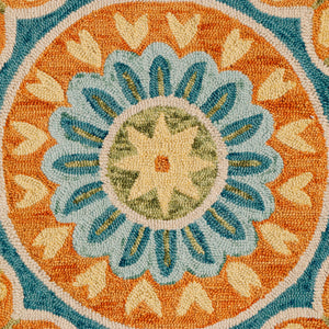 Homeroots 4' Orange And Blue Round Wool Floral Hand Tufted Area Rug Rust Wool 554452
