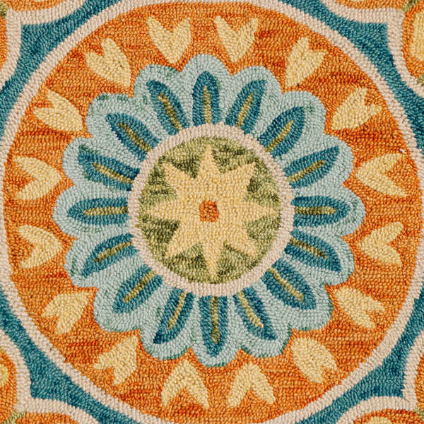 Homeroots 4' Orange And Blue Round Wool Floral Hand Tufted Area Rug Rust Wool 554452