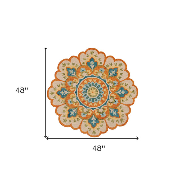 Homeroots 4' Orange And Blue Round Wool Floral Hand Tufted Area Rug Rust Wool 554452