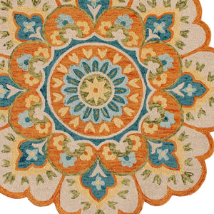 Homeroots 4' Orange And Blue Round Wool Floral Hand Tufted Area Rug Rust Wool 554452