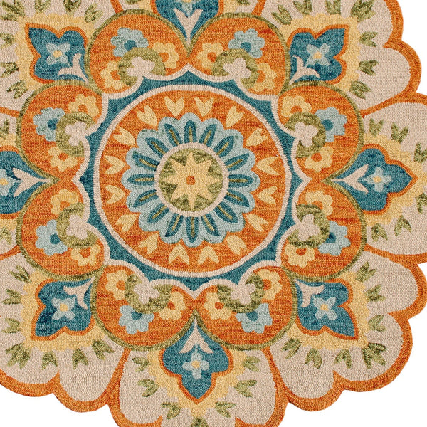 Homeroots 4' Orange And Blue Round Wool Floral Hand Tufted Area Rug Rust Wool 554452