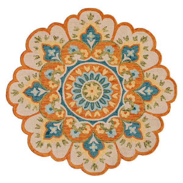 Homeroots 6' Orange And Blue Round Wool Floral Hand Tufted Area Rug Rust Wool 554453