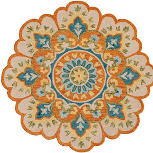 Homeroots 6' Orange And Blue Round Wool Floral Hand Tufted Area Rug Rust Wool 554453