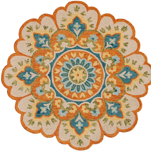 Homeroots 6' Orange And Blue Round Wool Floral Hand Tufted Area Rug Rust Wool 554453