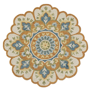 HomeRoots 5' Blue and Ivory Hand-Tufted Wool Area Rug with Floral Design for Elegant Home Décor and Comfort 6' Round 554453