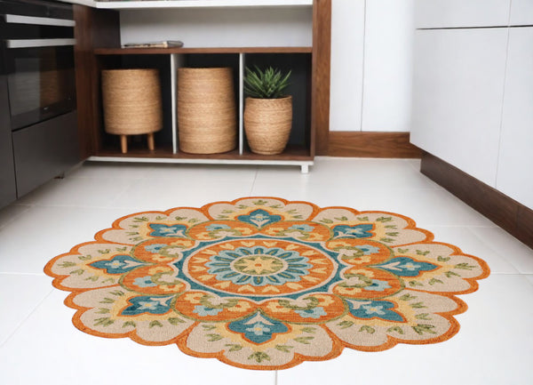 Homeroots 6' Orange And Blue Round Wool Floral Hand Tufted Area Rug Rust Wool 554453